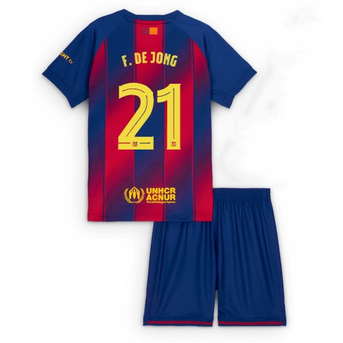 Stroje piłkarskie Barcelona Frenkie de Jong #21 Koszulka Podstawowej dla dzieci 2025-26 Krótki Rękaw (+ szorty)